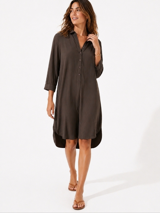 Lafayette 148 New York Dresses & Skirts - Lafayette 148 New York Silk Linen Shirt Dress Brown Button Front Midi Size 4